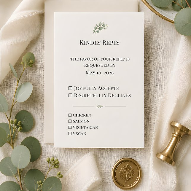 Lyxig Eukalyptus Grönska Bröllop OSA Kort (Eucalyptus themed wedding rsvp card, with meal choices.)