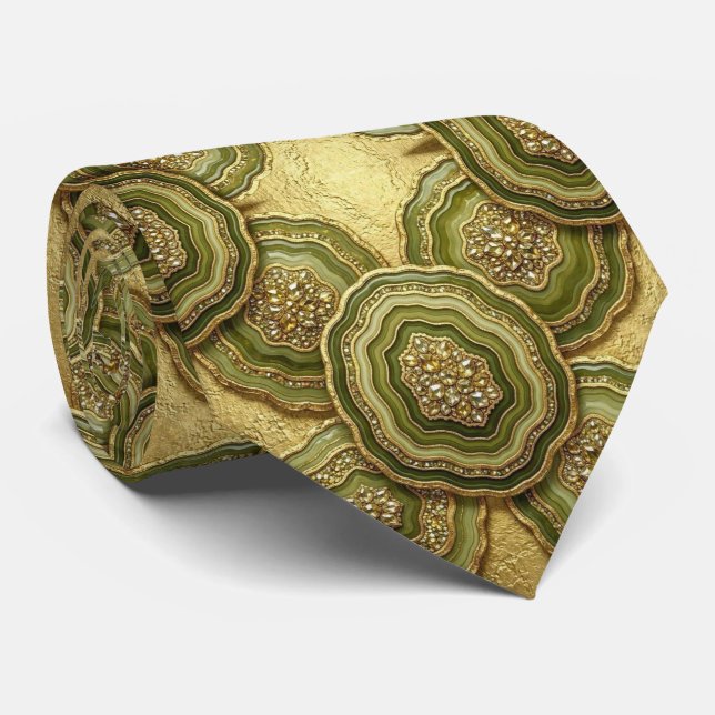 Lyxig falsksilke | Olivgrön + Guld Geode slips (Rullad)
