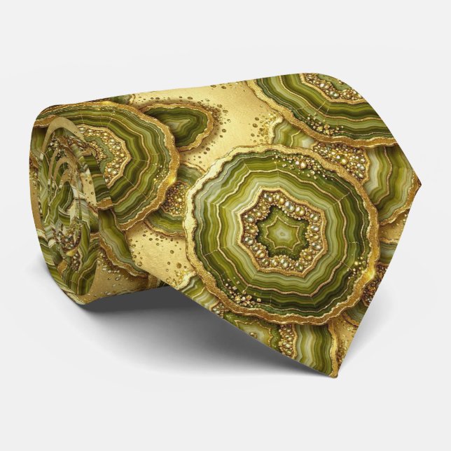 Lyxig falsksilke | Olivgrön + Guld Geode slips (Rullad)