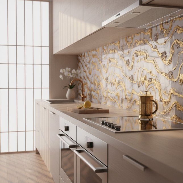 Lyxig flytande guld- och vit marmor-design kakelplatta (Skapare uppladdad)