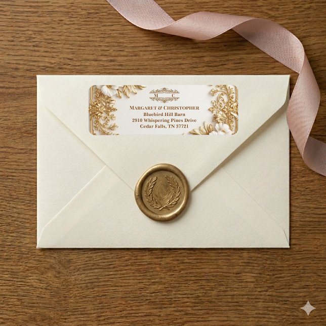 Lyxig Förgylld Monogram Bröllop med utsmyckad Baro Returadress Etikett (Luxury Gold Ornate Baroque Gilded Monogram Wedding Label)