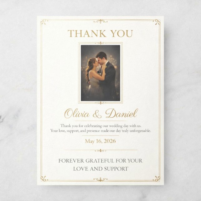 Lyxig Fotobrylloppskort för Tack Kort (Elegant Gold Wedding Thank You Card — Romantic Photo Design for Modern Couples)