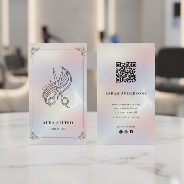 Lyxig frisör med QR-kod Holografisk Visitkort (Skapare uppladdad)