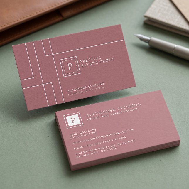 Lyxig Geometrisk Minimalistisk Monogramdesign Visitkort (Simulated business cards on table)