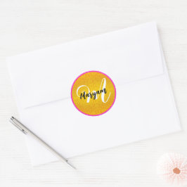 Lyxig Glam Guld Rosa Glitter Monogram Namn Runt Klistermärke