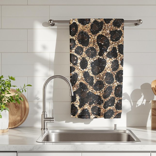 Lyxig Glitter Guld Brun Svart Leopardmönster Kökshandduk (Skapare uppladdad)