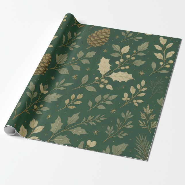 Lyxig Grön & Champagne Skogsguld Jul Presentpapper (Utrullad)