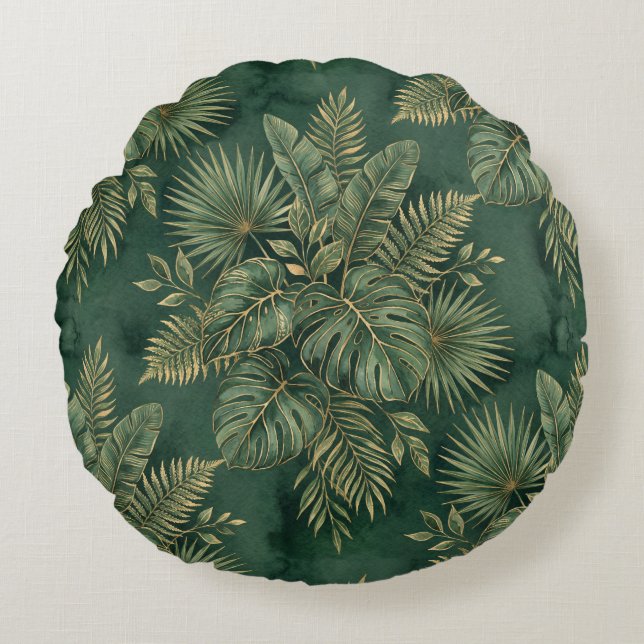Lyxig Grön Guld Monstera Palm Botanisk Djungel Rund Kudde (Framsidan)