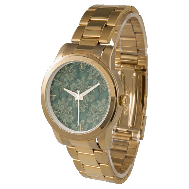 Lyxig grön guld tropisk bladsmönster armbandsur (Vinklad)