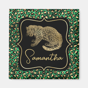 Lyxig Grön Leopardsprint Guld Djurmonogram Magnet