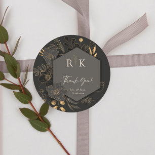Lyxig Guld Blommig Monogram Bröllop Tack Runt Klistermärke