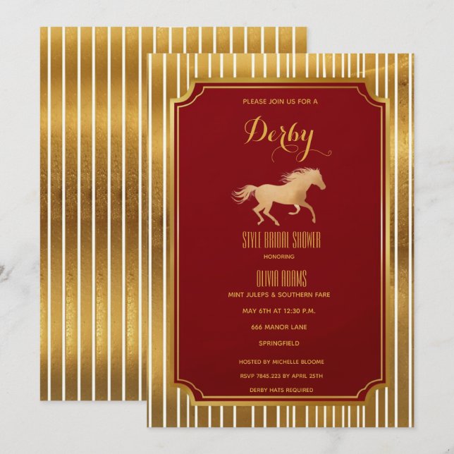 Lyxig Guld & Burgunder Art Deco Derby Bröllopssko Inbjudningar (Fram/baksida)