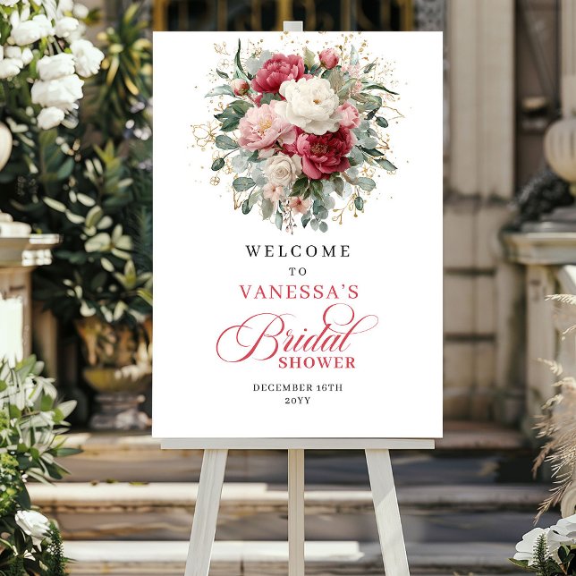Lyxig guld burgunder blomster bröllop lycka välkom poster (Luxury Gold Burgundy Floral Bridal Shower Welcome)