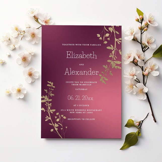 Lyxig guld burgunder blomster gradient Bröllop Inbjudningar (Luxury gold burgundy floral gradient Wedding )