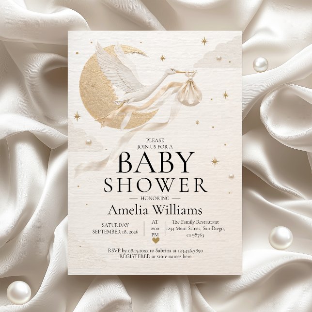Lyxig Guld Celestial Stork Månen Babyshower Inbjudningar (Skapare uppladdad)