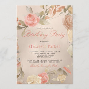 Lyxig Guld Folie Korall Ferskros Floral Födelsedag Inbjudningar