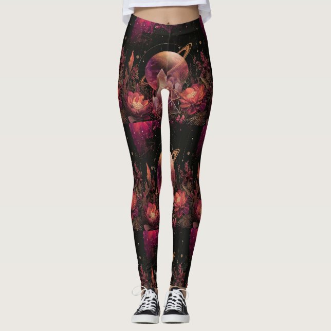 Lyxig Guld Galaxy Planet Lila Rymd Leggings (Framsida)