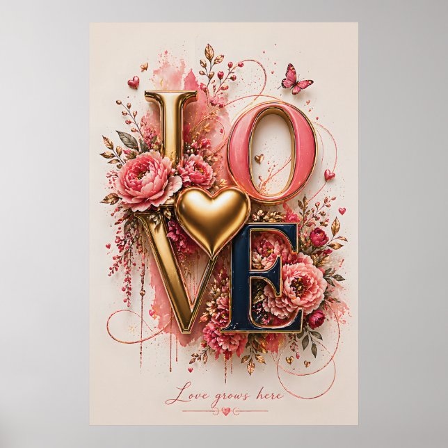 Lyxig Guld LOVE Blommig Design | Poster (Framsidan)