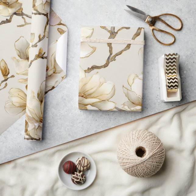 Lyxig Guld Magnolia Pärl Vattenfärg Mönster Presentpapper (Hantverk)