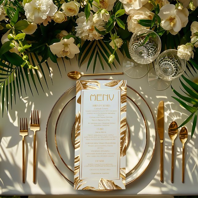Lyxig Guld Monstera Tropisk Bröllop Meny (Stylish Gold Monstera Leaf Wedding Menu )