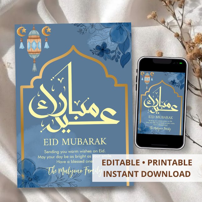 Lyxig guld- och blå blomsterbåge Eid Mubarak-kort Julkort (Skapare uppladdad)