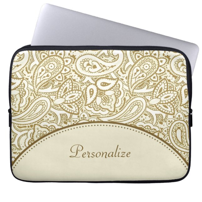 Lyxig guld- och elfenbenPaisley damast med namn Laptop Sleeve (Framsidan)