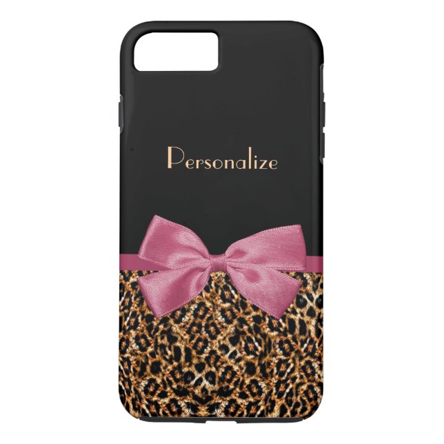 Lyxig Guld Päls Leopardtryck Mauve Rosett Med Namn Case-Mate iPhone Skal (Baksida)