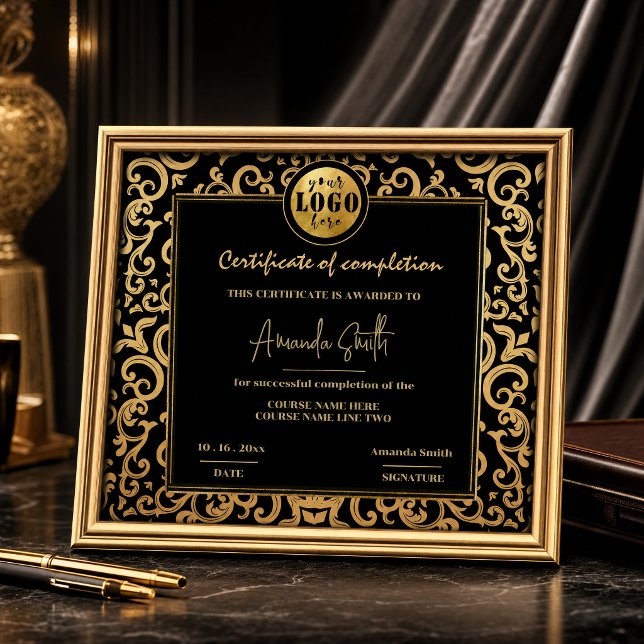 Lyxig guld ram Certifikat för Slutfört Uppdrag Utm Inbjudningar (#certificate #blackandgold #elegantframe #addlogo #luxurycertificate #classicframe #dicorativeframe)