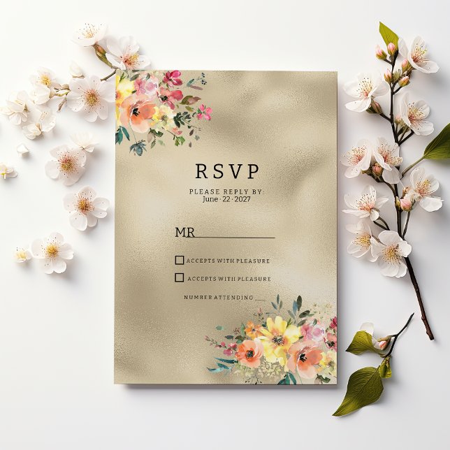 Lyxig guld rosa orange blomster tema RSVP  Inbjudningar (Luxury gold pink orange floral theme RSVP )