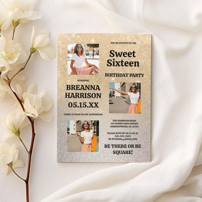 Lyxig guld silver glitter gradient Foto Sweet 16 Inbjudningar (Luxury gold silver glitter gradient Photo Sweet 16)