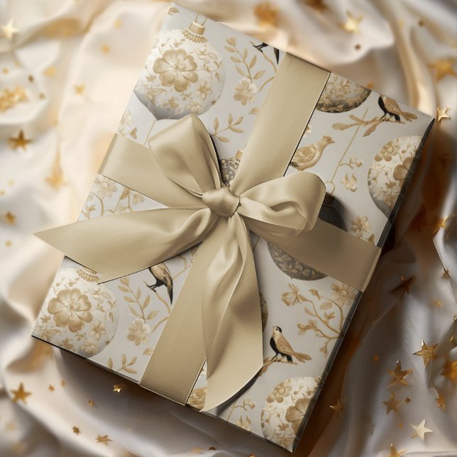 Lyxig Guld & Taupe Fågel Ornament Presentpapper (Skapare uppladdad)