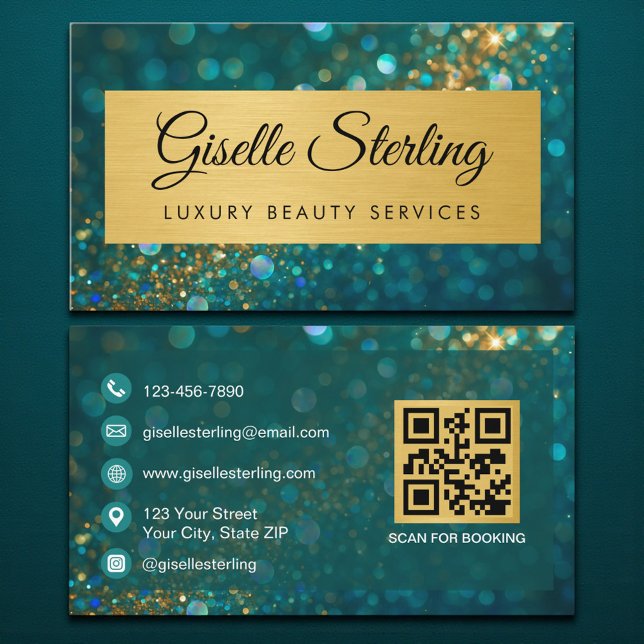 Lyxig Guld Teal Opal Glitter QR-kod Visitkort (Skapare uppladdad)