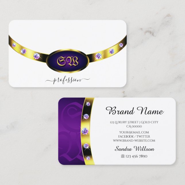 Lyxig Guld Vit och Lila Monogram Diamanter Visitkort (Fram/baksida)