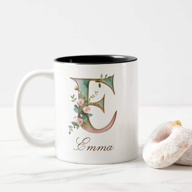 Lyxig guldbottenblomma initial E Tvåtons kaffemugg (Med munk)