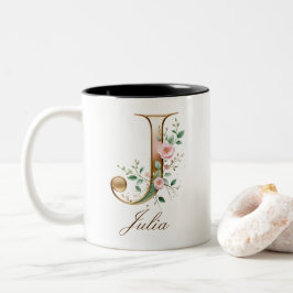 Lyxig guldbukett initial J tvåtons kaffemugg