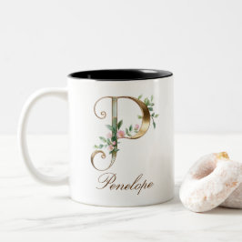 Lyxig guldbukett initial P Tvåtons kaffemugg
