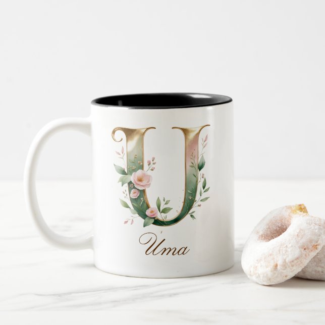 Lyxig guldbukett initial U Tvåtons kaffemugg (Med munk)