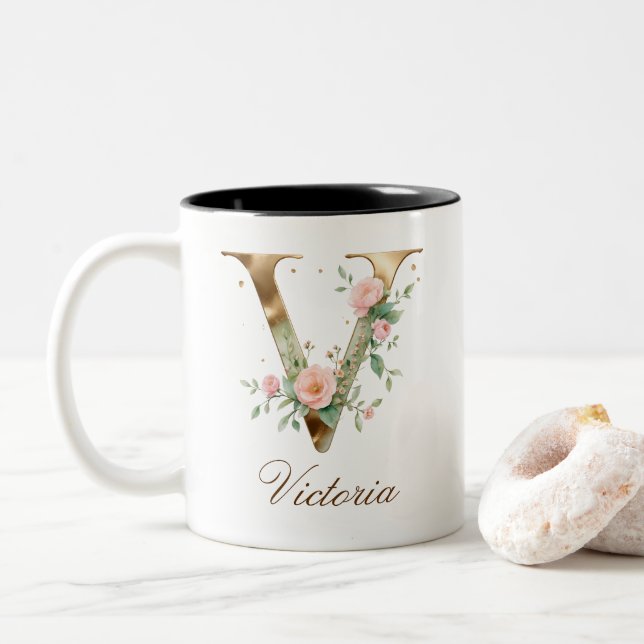 Lyxig guldbukett initial V tvåtons kaffemugg (Med munk)