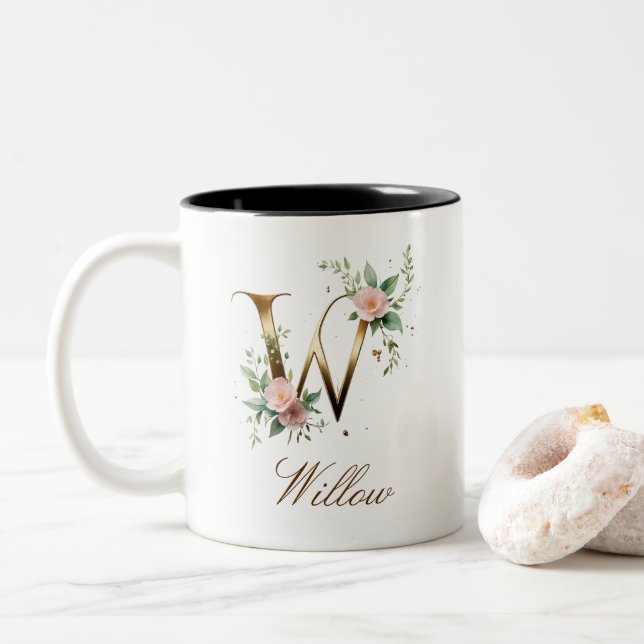 Lyxig guldbukett initial W Tvåtons kaffemugg (Med munk)