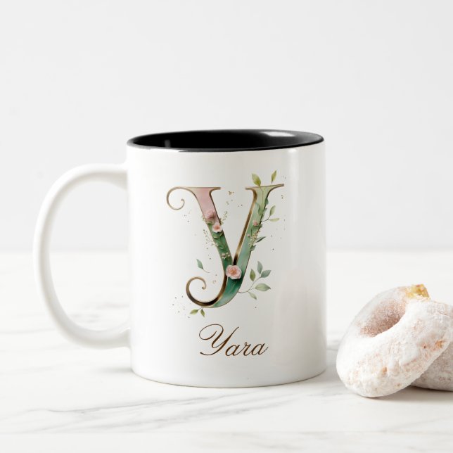 Lyxig guldbukett initial Y tvåtons kaffemugg (Med munk)