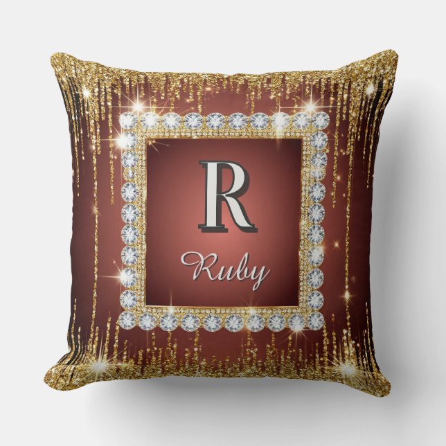 Lyxig gulddiamant ram Monogram Fyrkantig Glitter Kudde (Framsida)