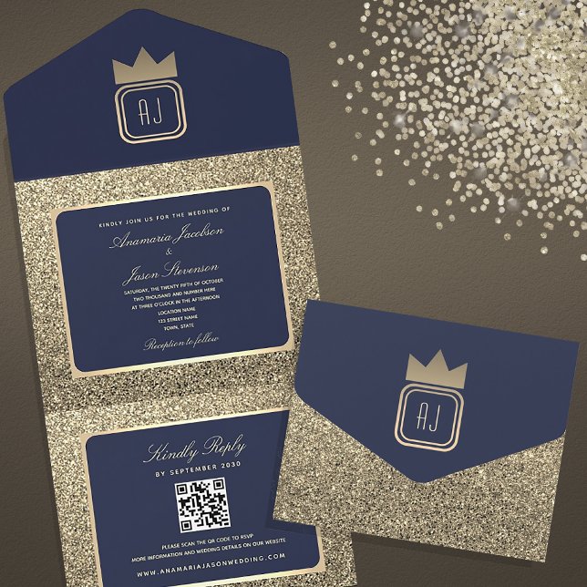 Lyxig guldglitter och marinblå QR-kod brölloppsinb (Skapare uppladdad)