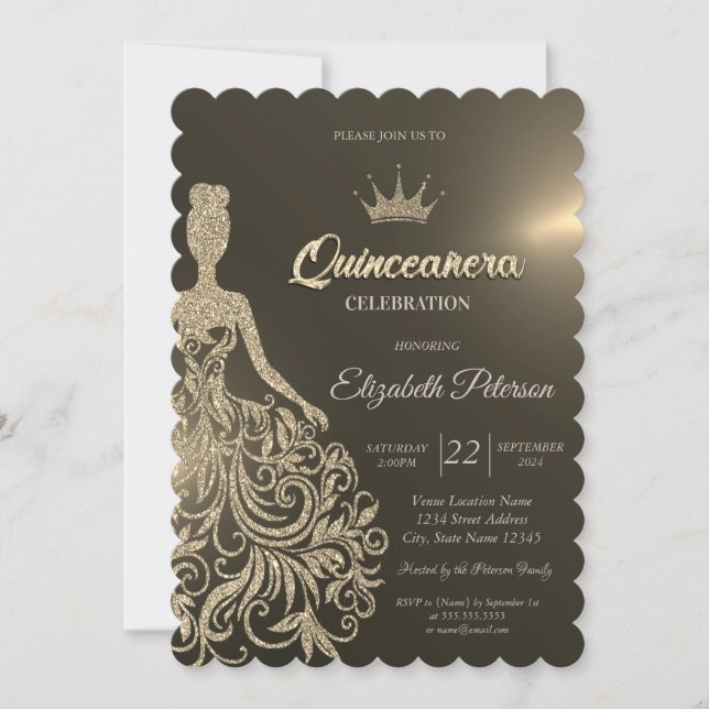Lyxig guldglittrig klänning Guld Quinceanera Inbjudningar (Framsida)