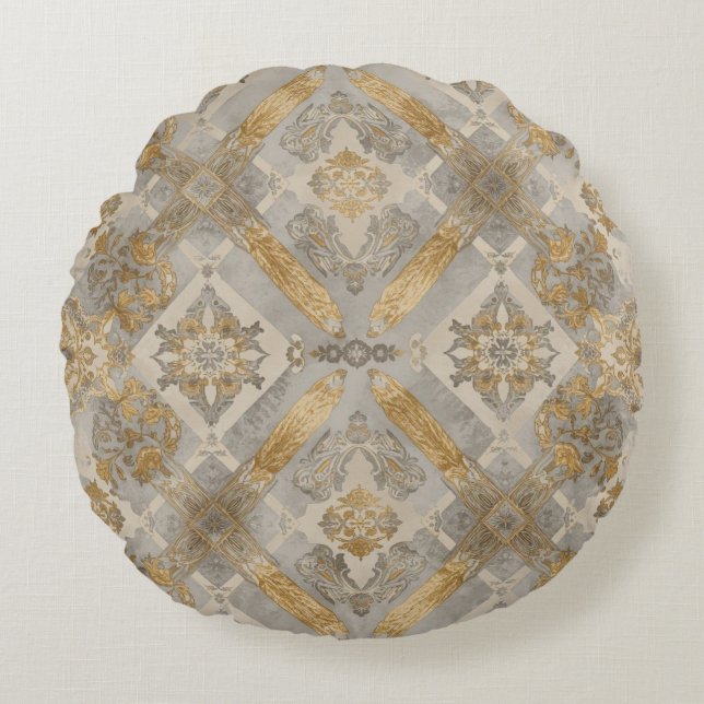Lyxig, guldgrå beigi-ornament, elegant rund kudde (Framsidan)
