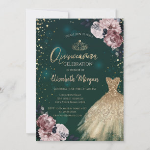 Lyxig guldkjol,Diamanter,Blommor Quinceañera Inbjudningar
