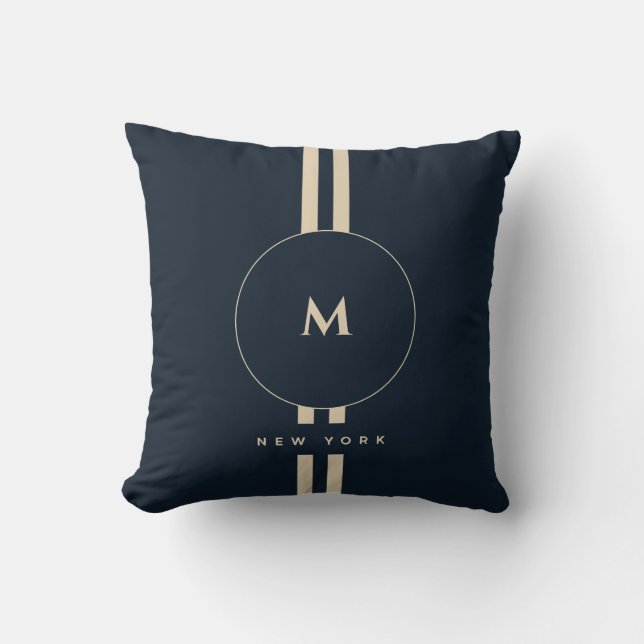 Lyxig guldmonogram initial midnattssvart marinblå kudde (Framsida)