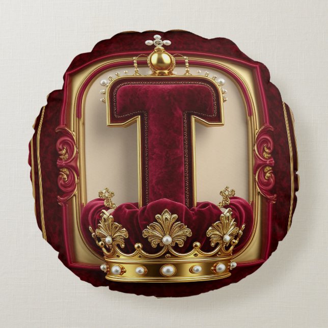 Lyxig guldram med krönt monogram rund kudde (Framsidan)