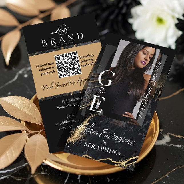 Lyxig Hårstylist & Extensions Svart Guld Agat Visitkort (Luxury Hair Stylist & Extensions Black Gold Agate Business Card)