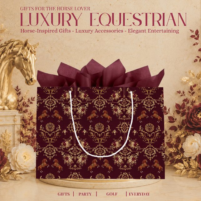 Lyxig hästtryck i burgundy och guld (Luxury Equestrian Burgundy and Gold Gift Bag)