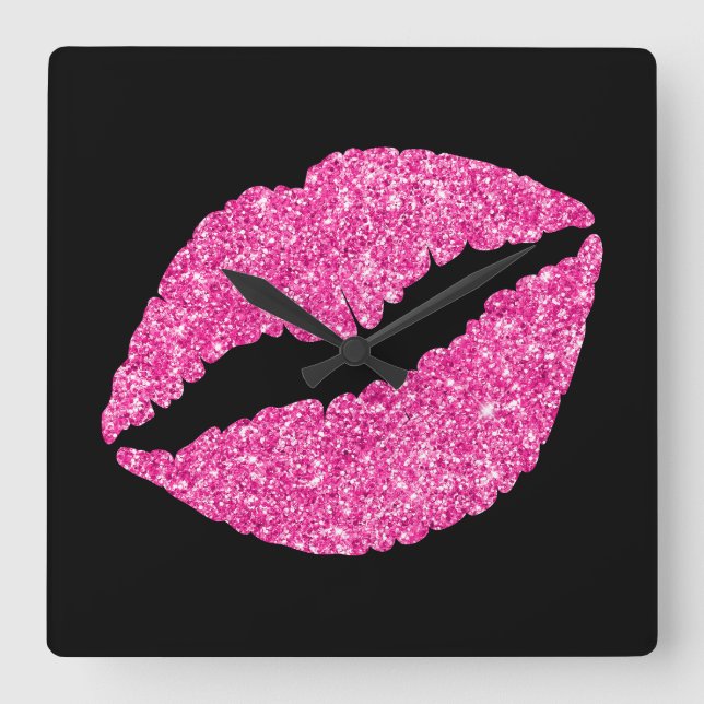 Lyxig het rosa glitterläppstift på svart fyrkantig klocka (Framsida)